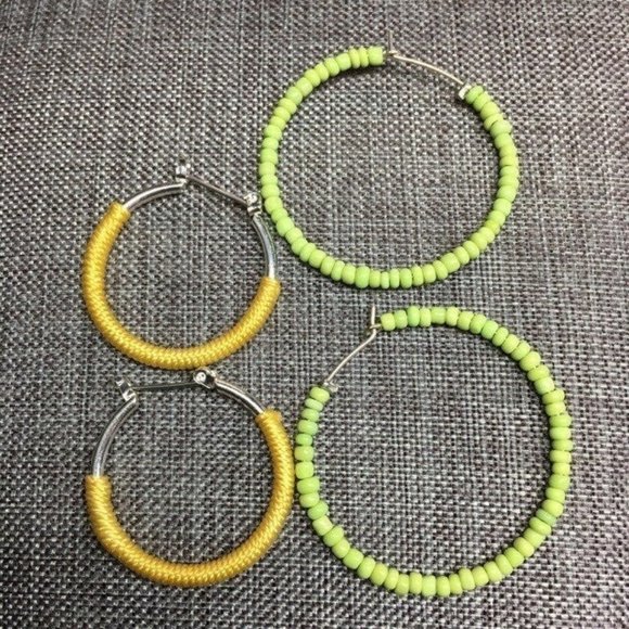 Hoop Earrings Lot Silver Yellow Cord Green Seed Bead Pierced Latch Retro BoHo - Picture 2 of 3